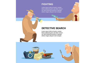 Detective banners spy characters vector templates for print design