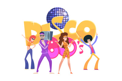 Disco characters. funny cartoon people in clothes 80s style dancing