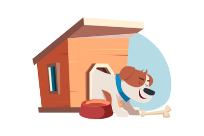 Doghouse. happy dog eating tasty bones. vector illustration