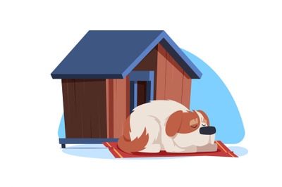 Doghouse. sleeping dog vector cartoon illustration isolated