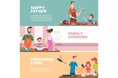 Family cooking. mother and father help kids to prepare food. vector ba