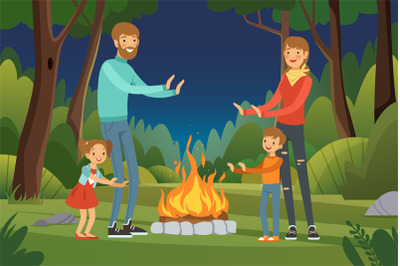 Family in forest. kids with parents outdoors in forest standing near b