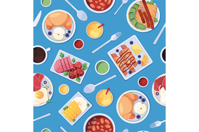 Food pattern. fresh healthy products for breakfast. Vector seamless ba