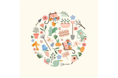 Gardening circle. summer elements in round form vector stylized backgr