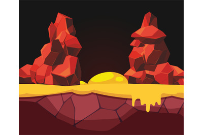 Lava cave background with rock and flowing liquid lava. Vector picture