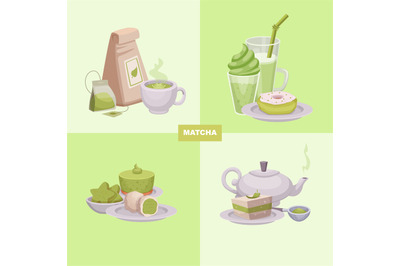 Matcha products. Various green foods liquids smoothie tasty cakes hot