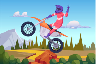 Motorbike rider. Sport cyclist jumping on bike outdoor landscape backg