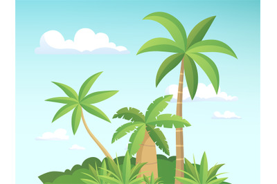 Palm island. Landscape with green island in ocean. Vector illustration