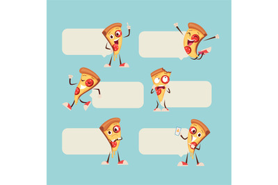 Pizza characters. sliced pizza mascot with funny faces standing near b