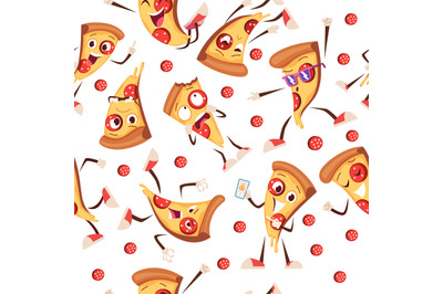 Pizza pattern. Different sliced pizza mascots various action poses