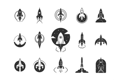 Rocket silhouette launch. Speed spaceship icons, fast space rocketship