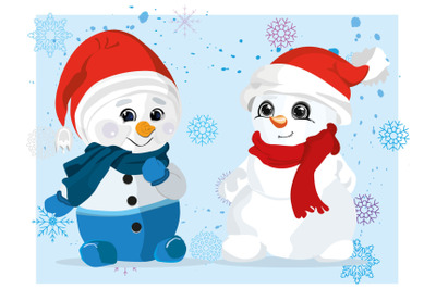 Snowman in a hat with earflaps and a scarf