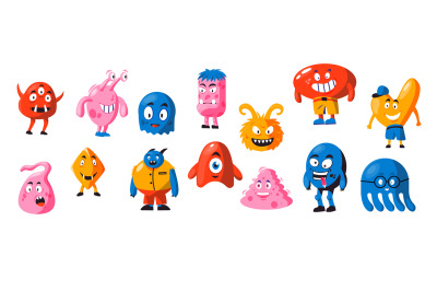 Funny monster shapes. Cute abstract monster faces with different emoti