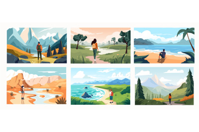 Travelers looking at scenery. Cartoon persons exploring nature and lan