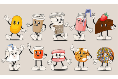 Retro cartoon food and drink. Funny groovy characters of drinks, color