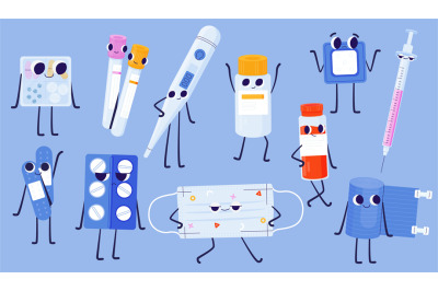 Cartoon pills characters. Cute pharmaceutical medicine with syringe an