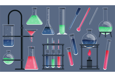 Chemistry tools. Cartoon chemical laboratory equipment, scientific res