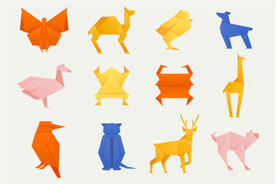 Colorful origami animals. Folded origami animal models, japanese zoo a