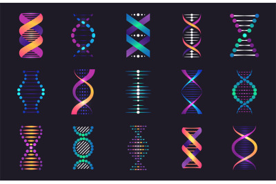 Dna spirals collection. Biotechnology and genetic research models. DNA