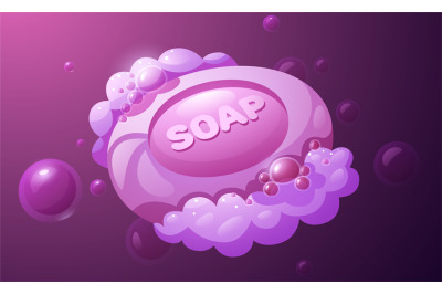 Cartoon soap with bubbles. Colorful foam and lather liquid soap for he