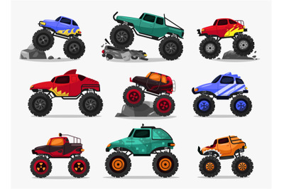 Cartoon monster truck. Diesel 4WD offroad vehicle with turbo engine an