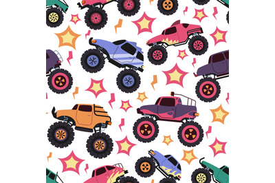 Monster truck pattern. Seamless print of vehicle with monster truck ti