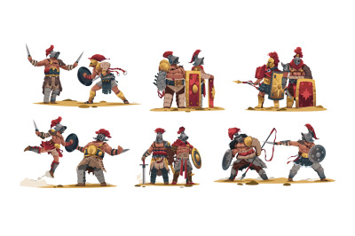 Ancient fighting warriors. Cartoon ancient roman soldier characters wi