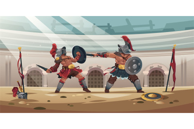 Gladiators in coliseum. Ancient roman warrior characters in arena, car