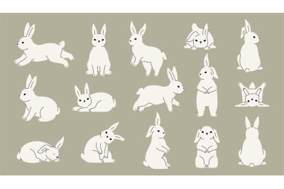 Cute rabbit collection. Doodle hare icons with different expressions,