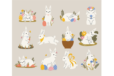 Cute cartoon easter bunny. Traditional rabbit flat characters for holi