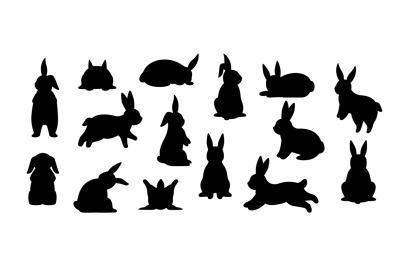 Rabbit silhouette. Cute domestic hare animal sketch, black icons of bu