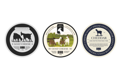 Goat cheese labels. Organic cheddar cheese slices, cartoon goat mozzar