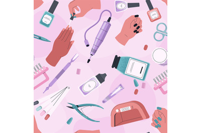 Manicure tools pattern. Seamless print of pedicure tools, cartoon nail