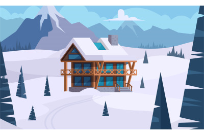 Snow house. Travel vacation in winter mansion in mountains. Vector car