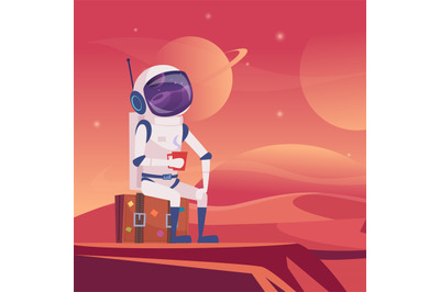 Space travel. Astronaut sitting on suitcase on moon fantasy landscape.