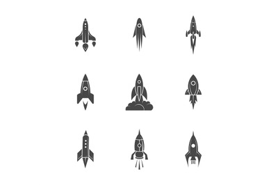 Spaceship icons. Rocket symbols, speed launched space ships silhouette