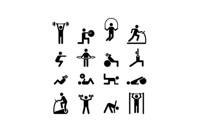 Sport people icons. Gym lifting warm-up stretch symbols&2C; fitness poses