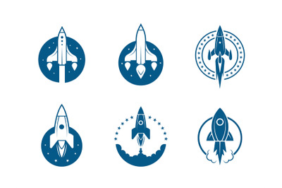 Sputnik icons. Rockets speed blue emblem items&2C; spacecraft symbols&2C; sp