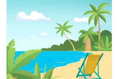 Summer beach. Relax time on the sea with palm trees. Vector clean land