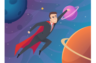 Superhero businessman flying in universe space landscape with planets.