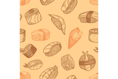 Sushi pattern. Vector seamless background with sea food