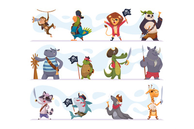 Animal pirate. Sailors cartoon animals with weapons in action poses ex