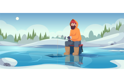 Winter fishing background. Fisherman with rod sitting on ice and fishi