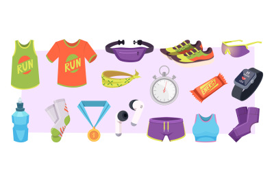 Runners items. Sport tools for runners fitness accessories for maratho