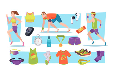 Marathon runners. Cartoon sport characters fitness activities exact ve