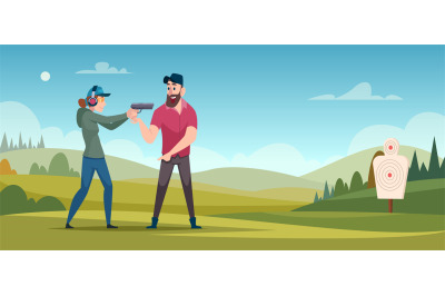 Shooting range. Cartoon background persons with guns in shooting galle