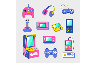 Video game gadgets. Gamepad consoles for nerd vintage assets in retro