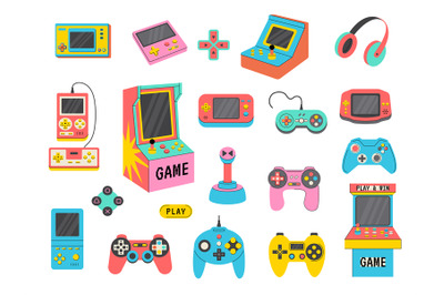 Game consoles. Vintage retro gadgets for kids pleasure relax time gami