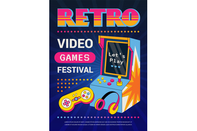 Retro game poster. Vintage gaming gadgets party invitation placard in