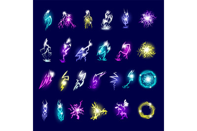 Thunderbolt shapes. Glowing effects for 2d games recent vector electri